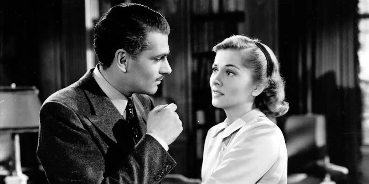 Les acteurs Laurence Olivier et Joan Fontaine dans Rebecca du réalisateur Alfred Hitchcock.