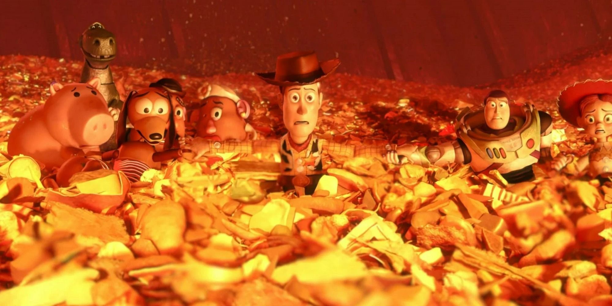 Scène dans Toy Story 3 avec Woody exprimé par Tom Hanks, Buzz Lightyear exprimé par Tim Allen alors qu'ils sont assis dans la poubelle sur le point d'être incinérés.