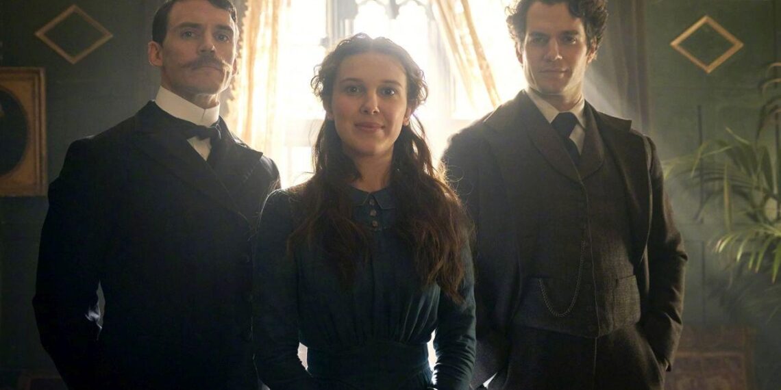 Millie Bobby Brown, Henry Cavill e Sam Clafin in Enola Holmes