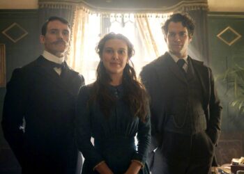 Millie Bobby Brown, Henry Cavill e Sam Clafin in Enola Holmes