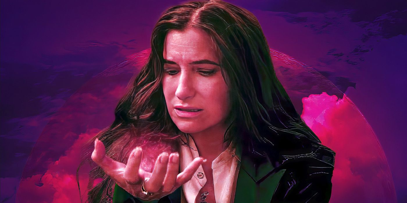 Kathryn Hahn looking at magic in the palm of her hand in a custom image for Agatha All Along