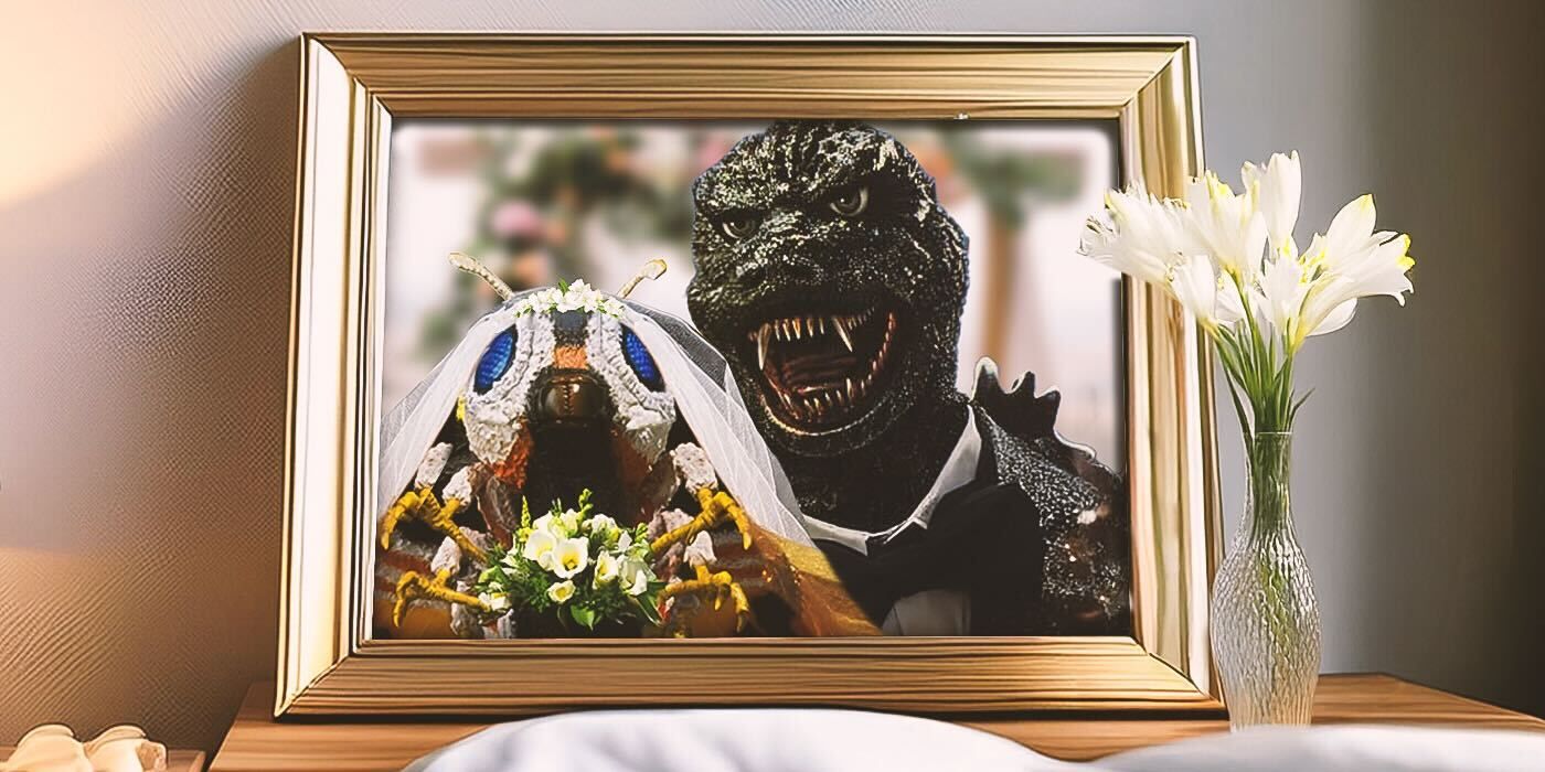 Godzilla and Mothra in a wedding photo