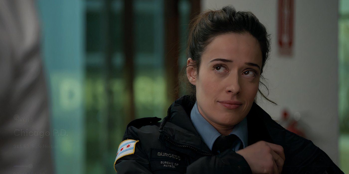 Marina Squerciati as Kim Burgess in uniform at a precinct in Chicago P.D.