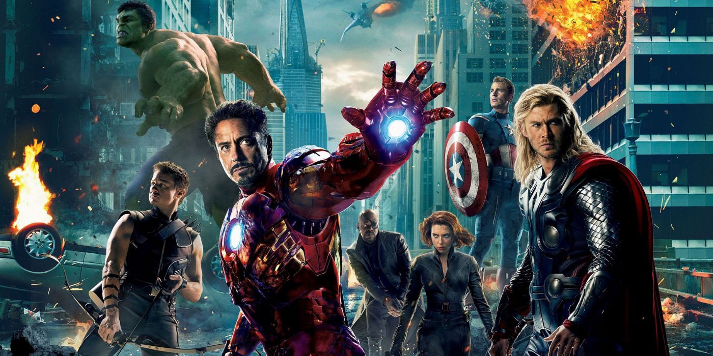 The Avengers poster featuring the characters in the city streets ready to fight