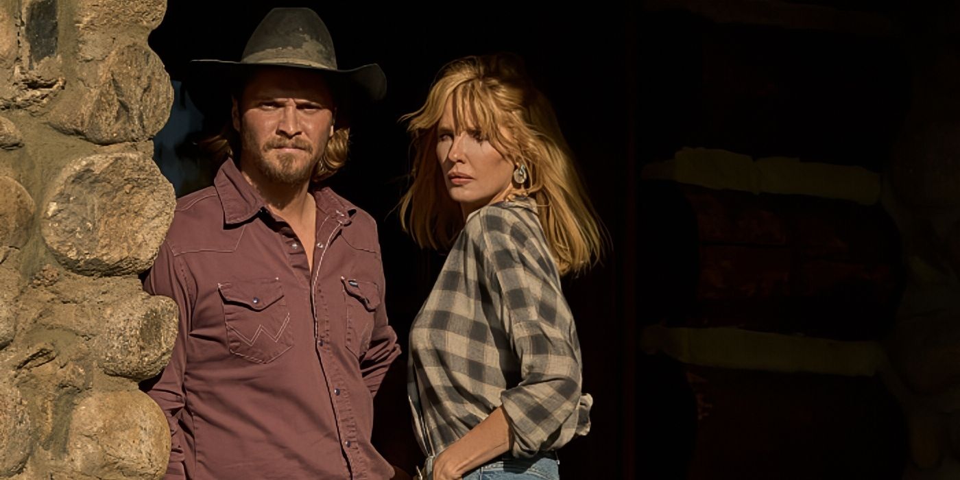 Luke Grimes as Kayce Dutton and Kelly Reilly as Beth Dutton standing on the front porch of the ranch in Yellowstone Season 5