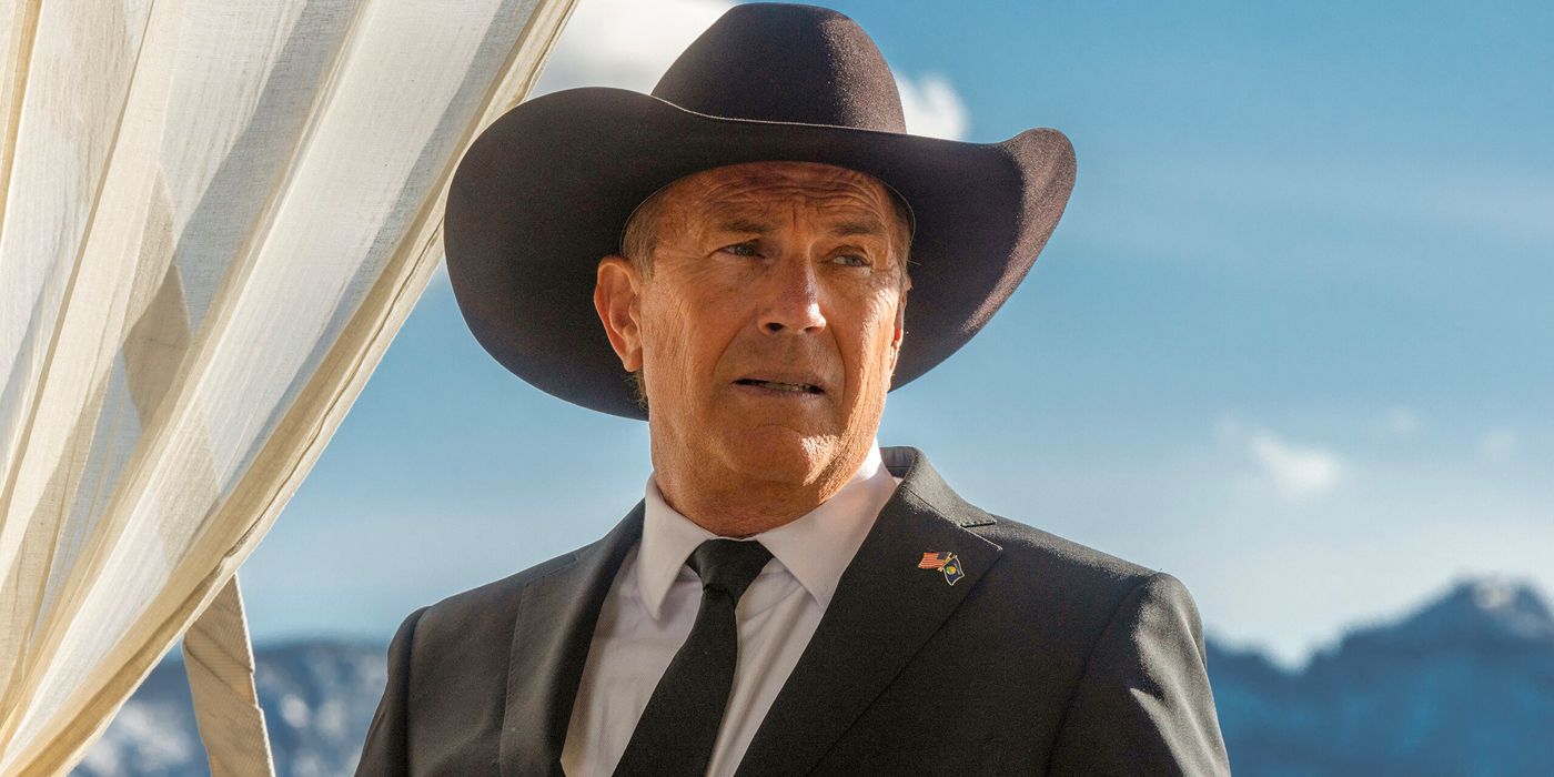 Kevin Costner dans le rôle de John Dutton regardant une personne hors écran sur l'affiche de la première partie de la saison 5 de « Yellowstone ».