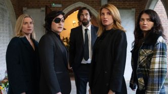 Eva Birthistle, Sarah Greene, Sharon Horgan, and Eve Hewson standing in a church