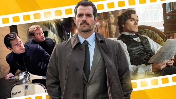 Blended image showing Henry Cavill in The Man from UNCLE, Mission: Impossible - Fallout, and Enola Holmes.