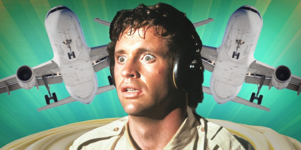 Robert Hays as Ted Striker in Airplane!, with two planes flying behind him