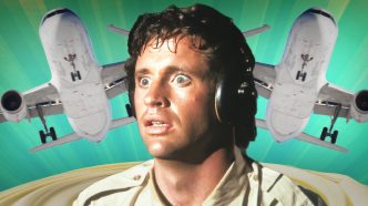 Robert Hays as Ted Striker in Airplane!, with two planes flying behind him