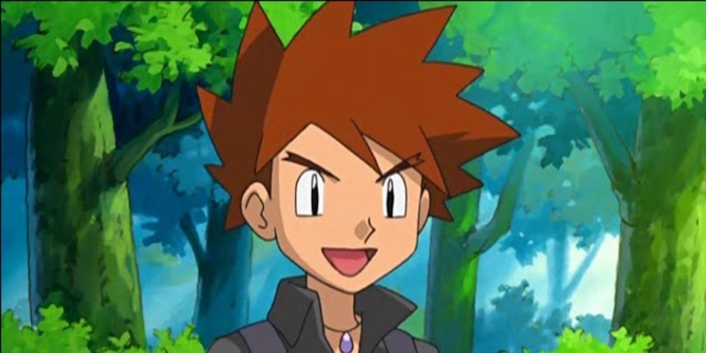 Gary Oak se tient dehors dans une forêt et sourit en parlant dans Pokémon.