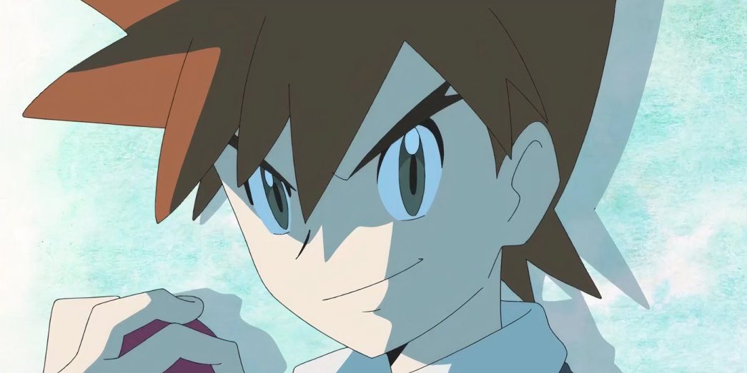 Close-up shot of Gary Oak holding a Poke Ball in Pokemon