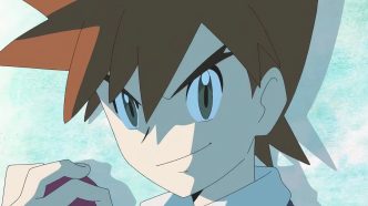 Close-up shot of Gary Oak holding a Poke Ball in Pokemon