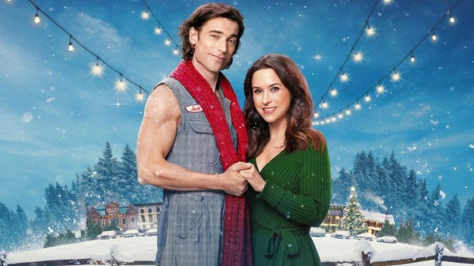 Dustin Milligan and Lacey Chabert on the poster for Hot Frosty.