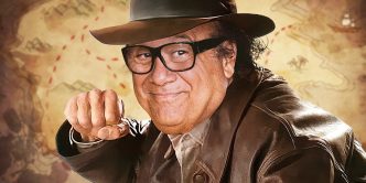 Custom image of Danny DeVito dressed as Indiana Jones against a map as a background