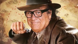 Custom image of Danny DeVito dressed as Indiana Jones against a map as a background