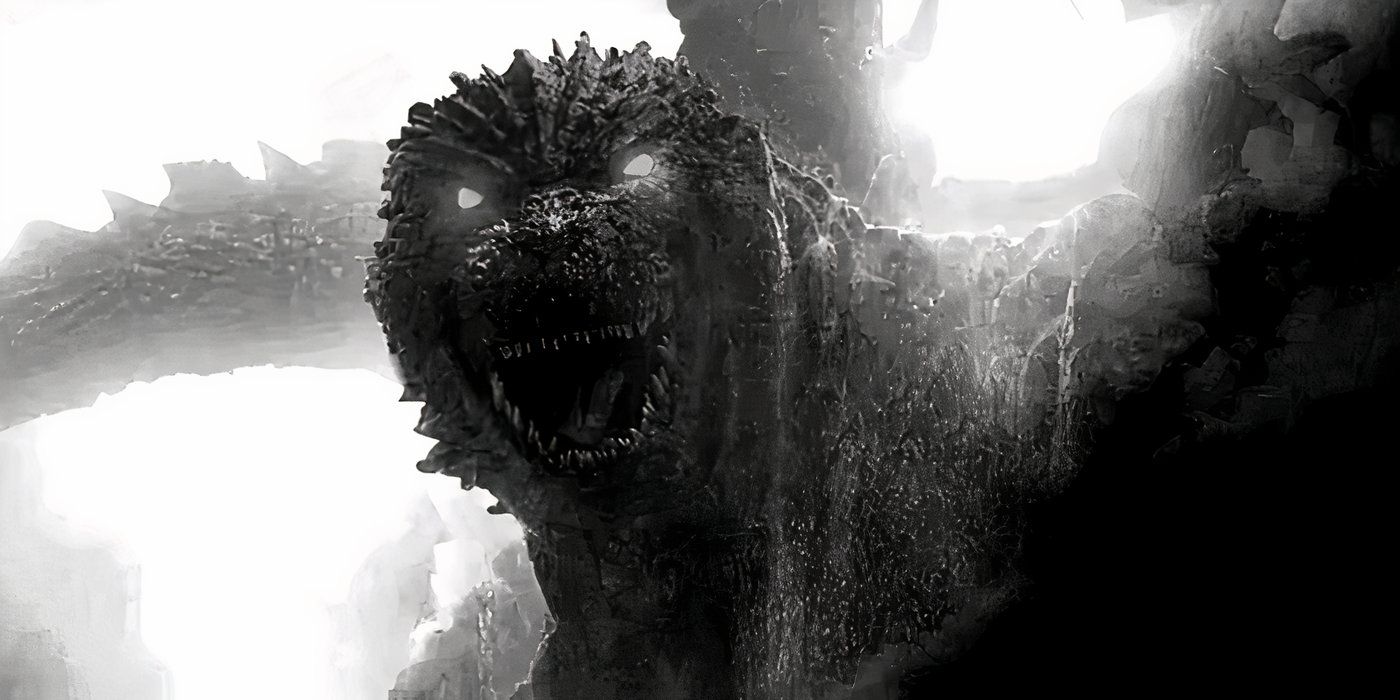 Godzilla with glowing eyes in the black and white version of godzilla minus one