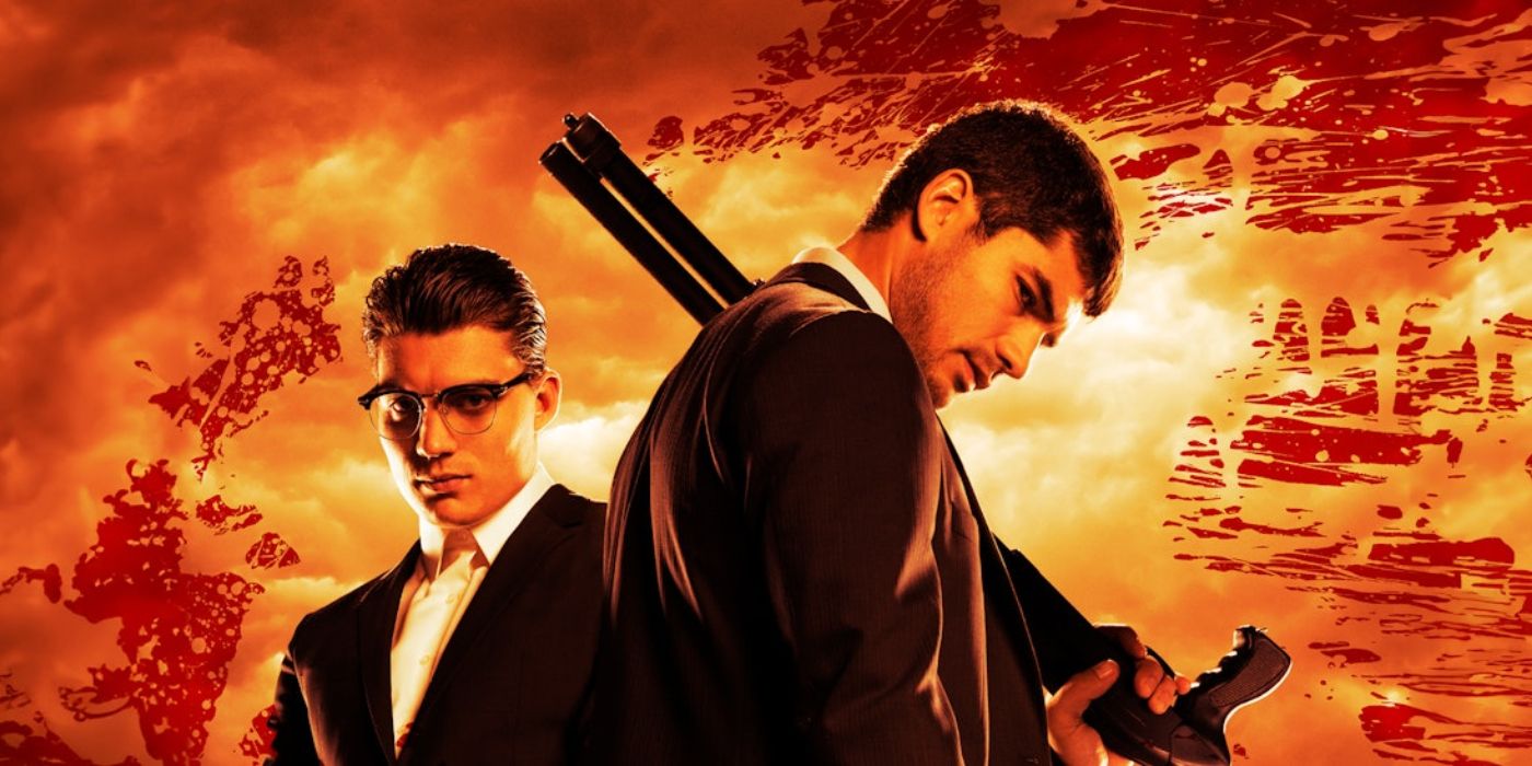 Seth Gecko (D. J. Cotrona) standing with a rifle slung over his shoulder with his brother Richie (Zane Holtz) standing behind him against an orange backdrop for From Dusk Till Dawn: The Series