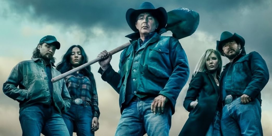 the Yellowstone cast looking down over a mound of dirt in a poster for the series