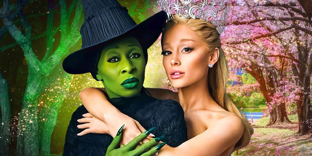 Glinda, played by actor Ariana Grande, drapes her arms around Elphaba, played by actor Cynthia Erivo, against a backdrop of green and pink trees.