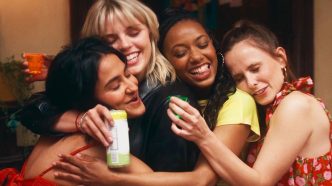 Bela (Amrit Kaur), Leighton (Renee Rapp), Whitney (Alyah Chanelle Scott), and Kimberly (Pauline Chalamet) hugging in The Sex Lives of College Girls Season 3