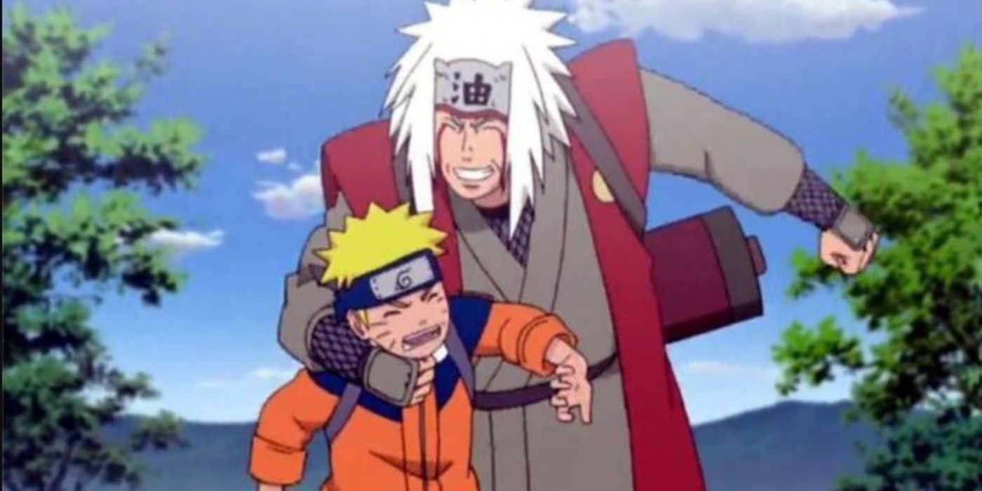 Jiraiya serrant le jeune Naruto dans ses bras dans Naruto : Shippuden.