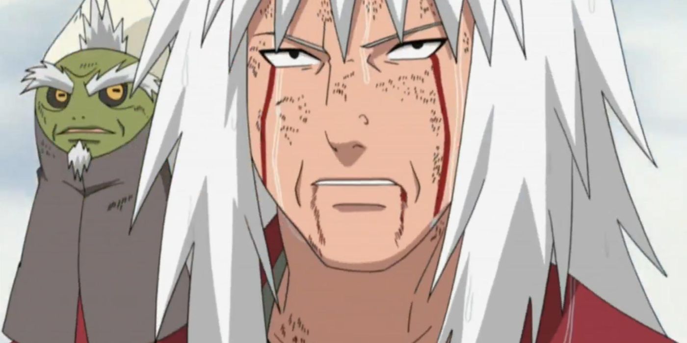 Jiraiya transpire et saigne, tout battu alors qu'il regarde directement la caméra dans Naruto Shippuden.