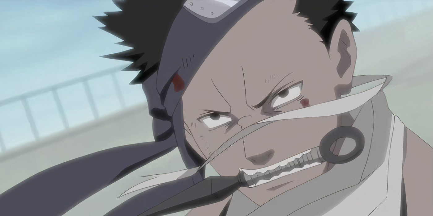 Zabuza tenant un kunai dans sa bouche dans Naruto.