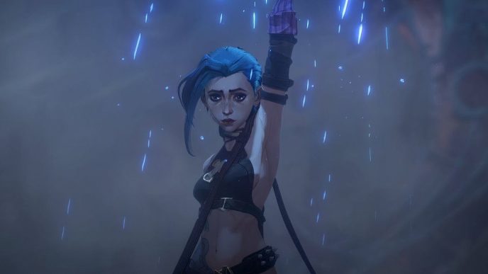 Jinx shooting a flare, looking somber in Arcane Season 1.