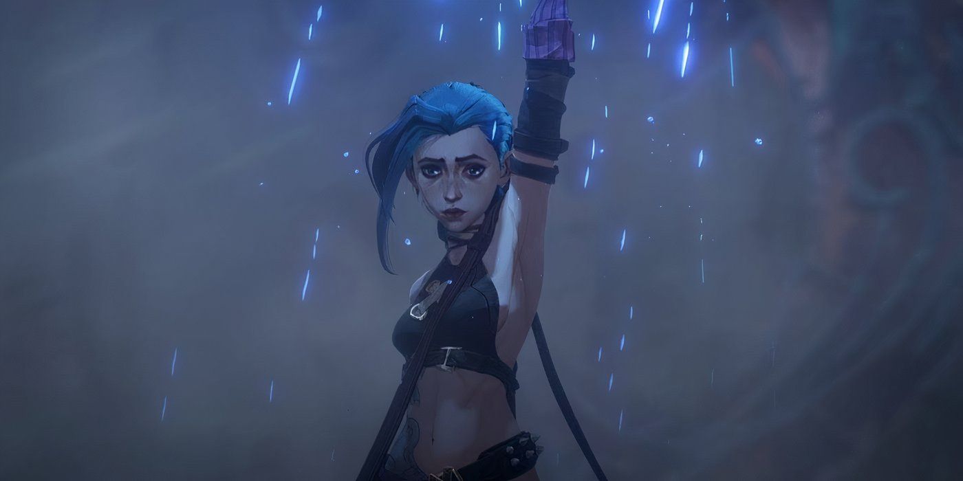 Jinx shooting a flare, looking somber in Arcane Season 1.