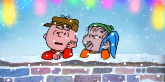 Charlie and Linus watch the snow fall while Linus sucks his thumb and holds his blanket in a custom image.