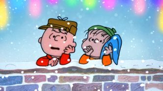 Charlie and Linus watch the snow fall while Linus sucks his thumb and holds his blanket in a custom image.