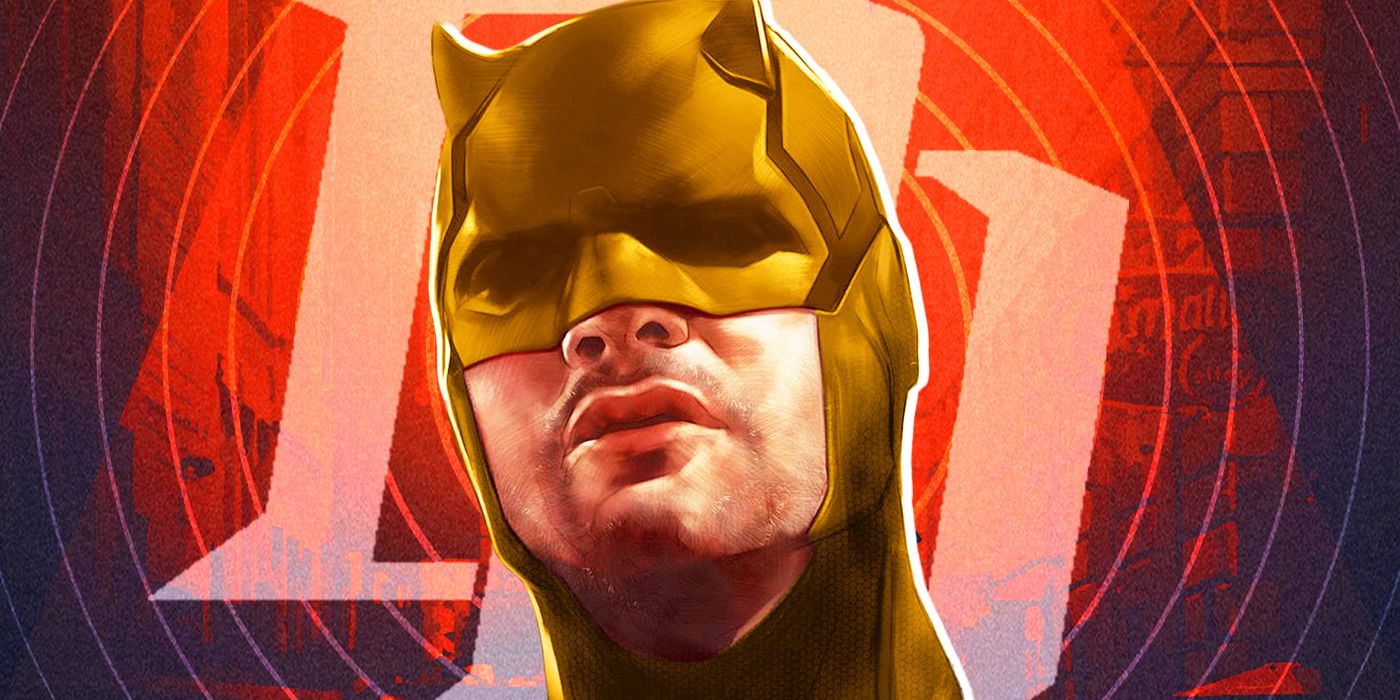 Charlie Cox as Daredevil in his yellow suit with the logo behind him