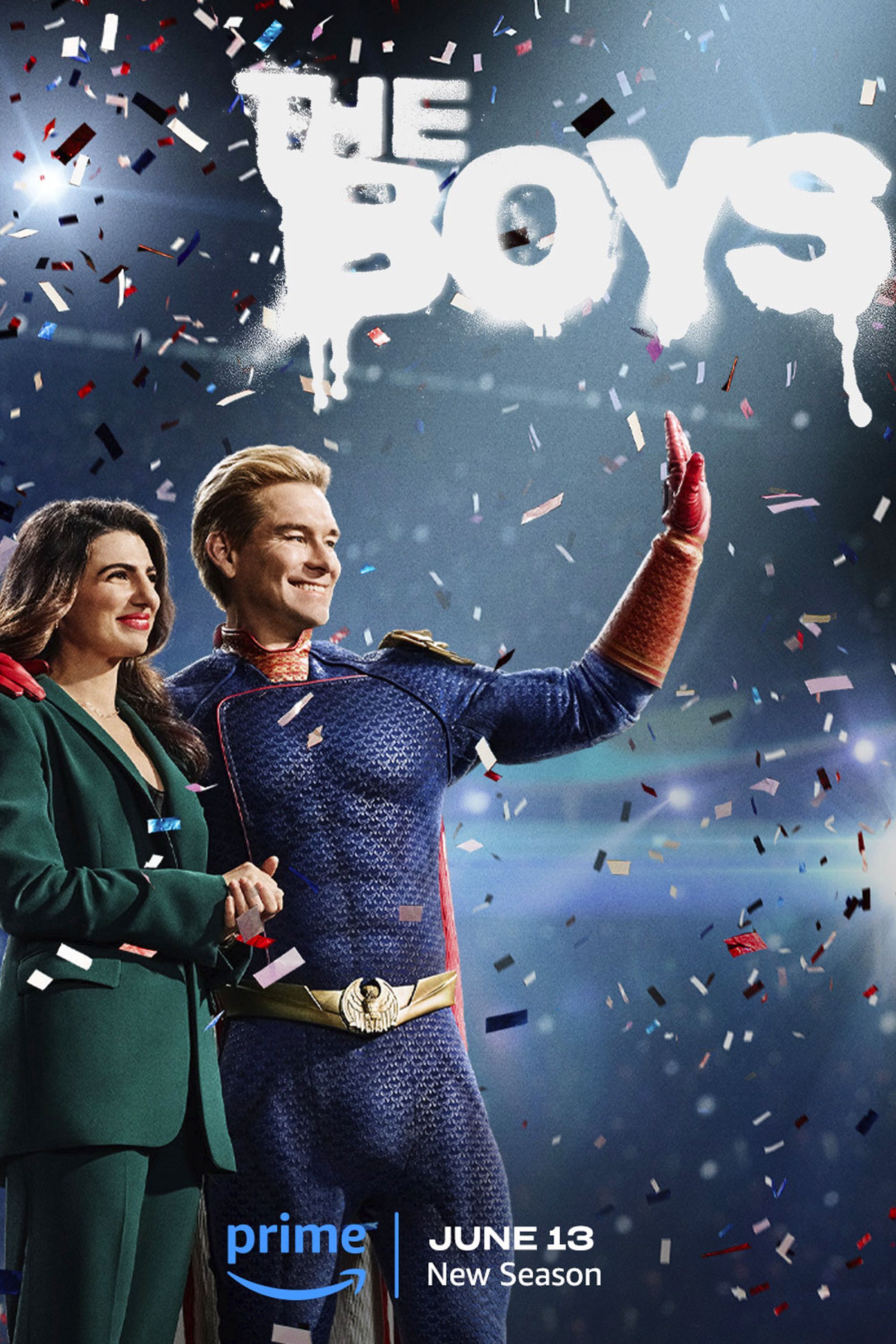 Affiche de la saison 4 de The Boys montrant Homelander avec Victoria Neuman entourée de confettis