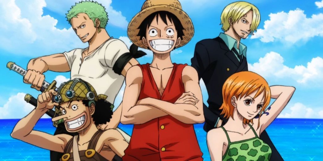 The characters of One Piece animated TV series pose in a collage poster