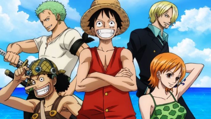 The characters of One Piece animated TV series pose in a collage poster