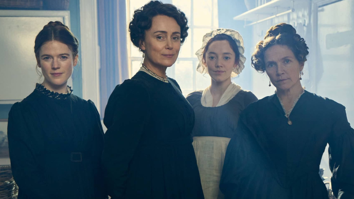 Shown from left to right: Rose Leslie as Isabella, Keeley Hawes as Cassandra Austen, Mirren Mack as Dinah and Jessica Hynes as Mary Austen