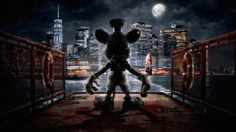 A rear shot of a scary Mickey Mouse holding a bloodied knife while standing on a ferry deck