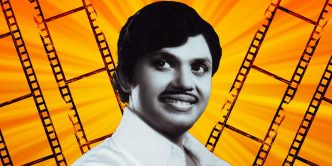 Actor and stuntman Jayan in black and white, standing against an orange background of film reels.